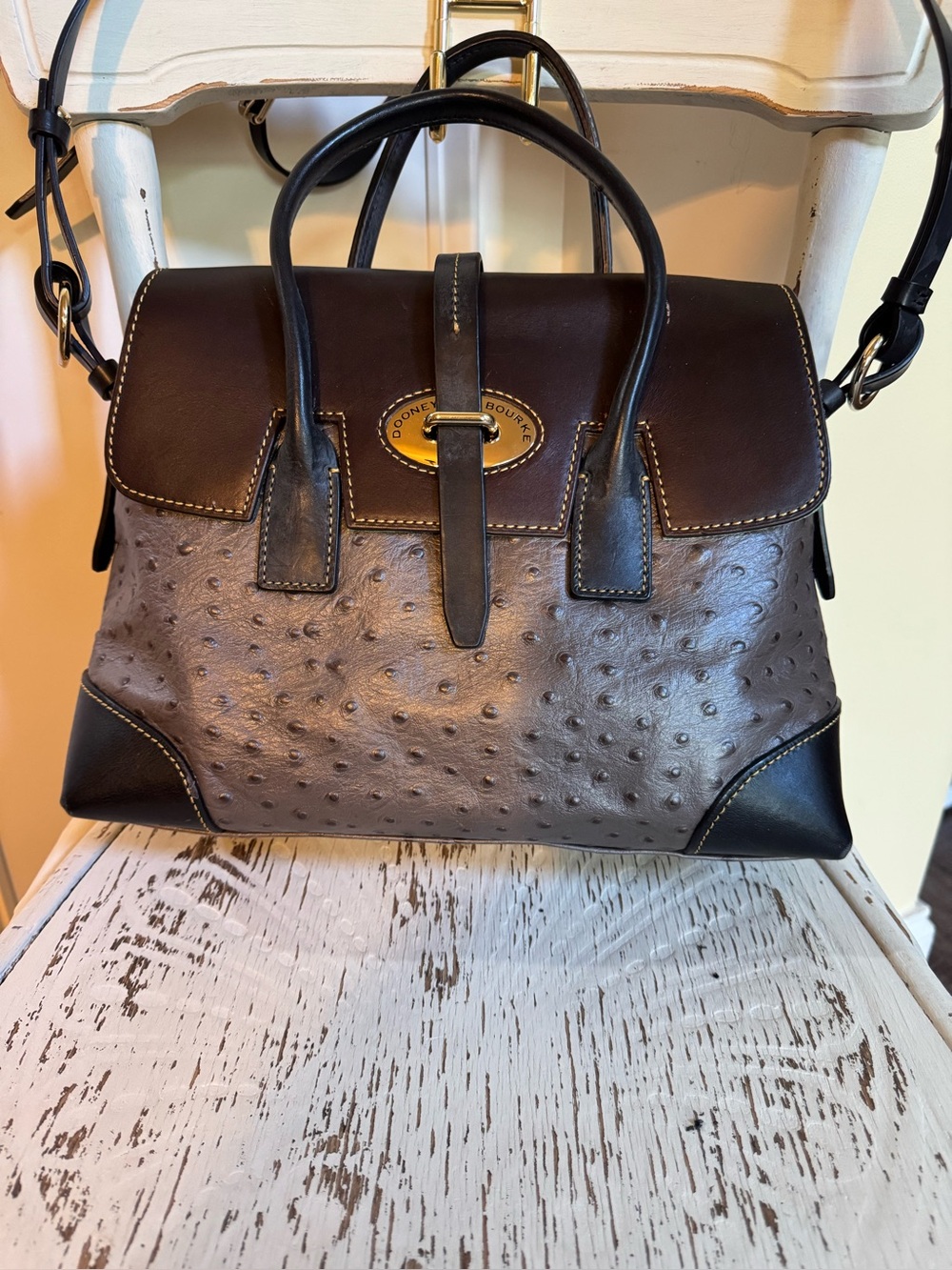 Dooney & Bourke Brown and Taupe Ostrich-Textured Satchel